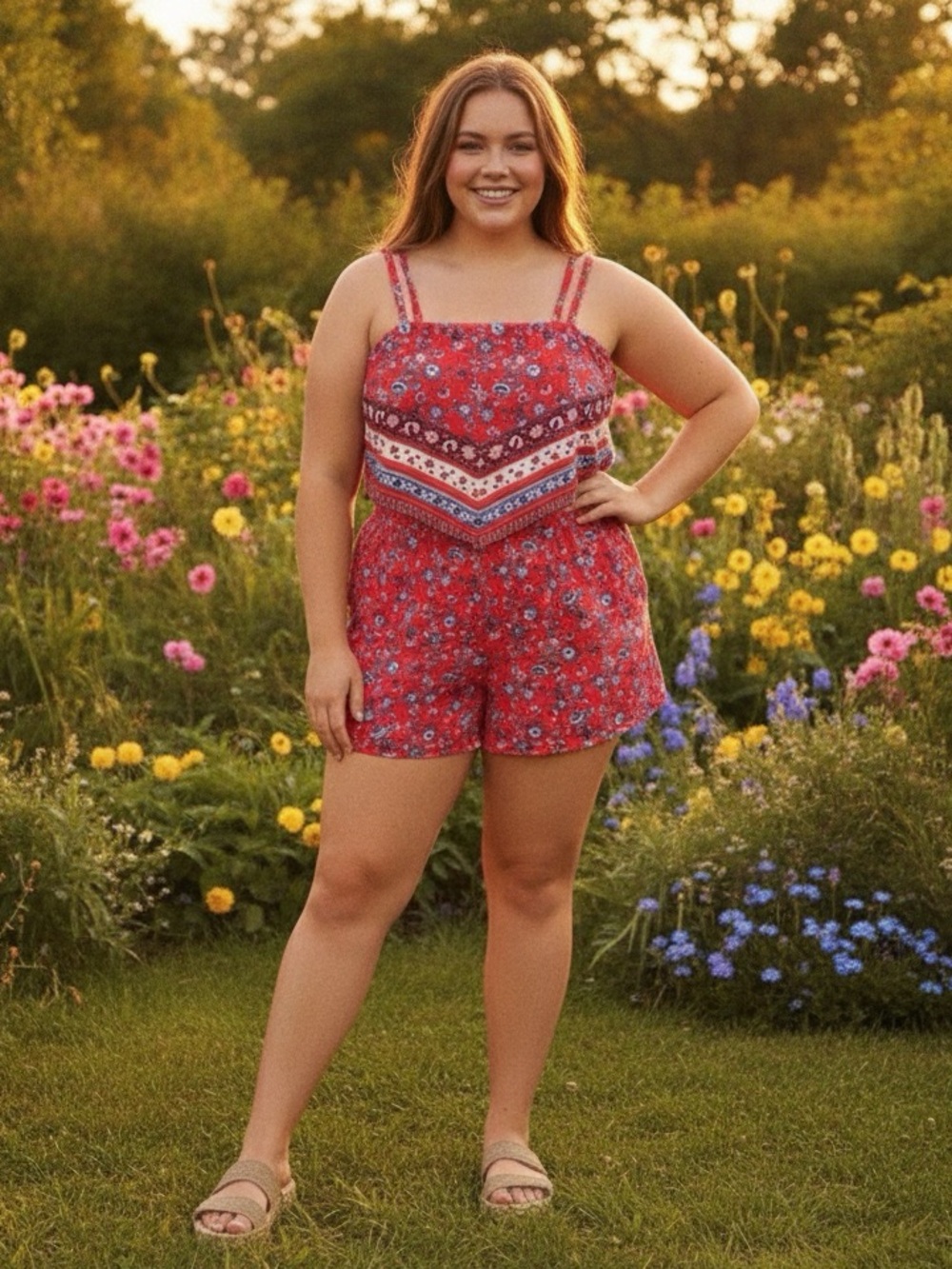 No Boundaries Plus Size Boho Red Floral 2-Piece Set • Bandana Top & Shorts 3XL